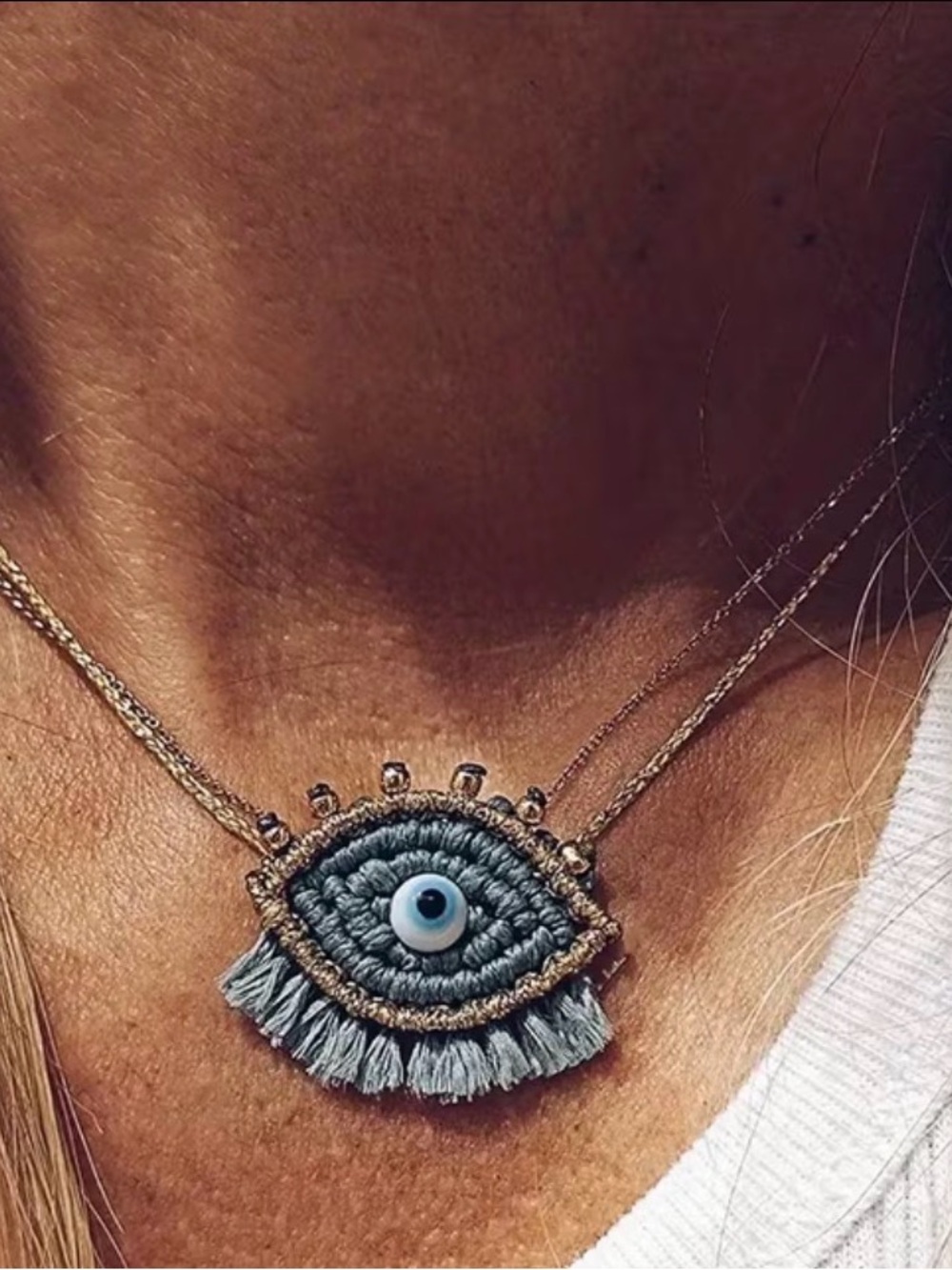 Evil Eye Macramé Pendant Necklace in Light Blue
